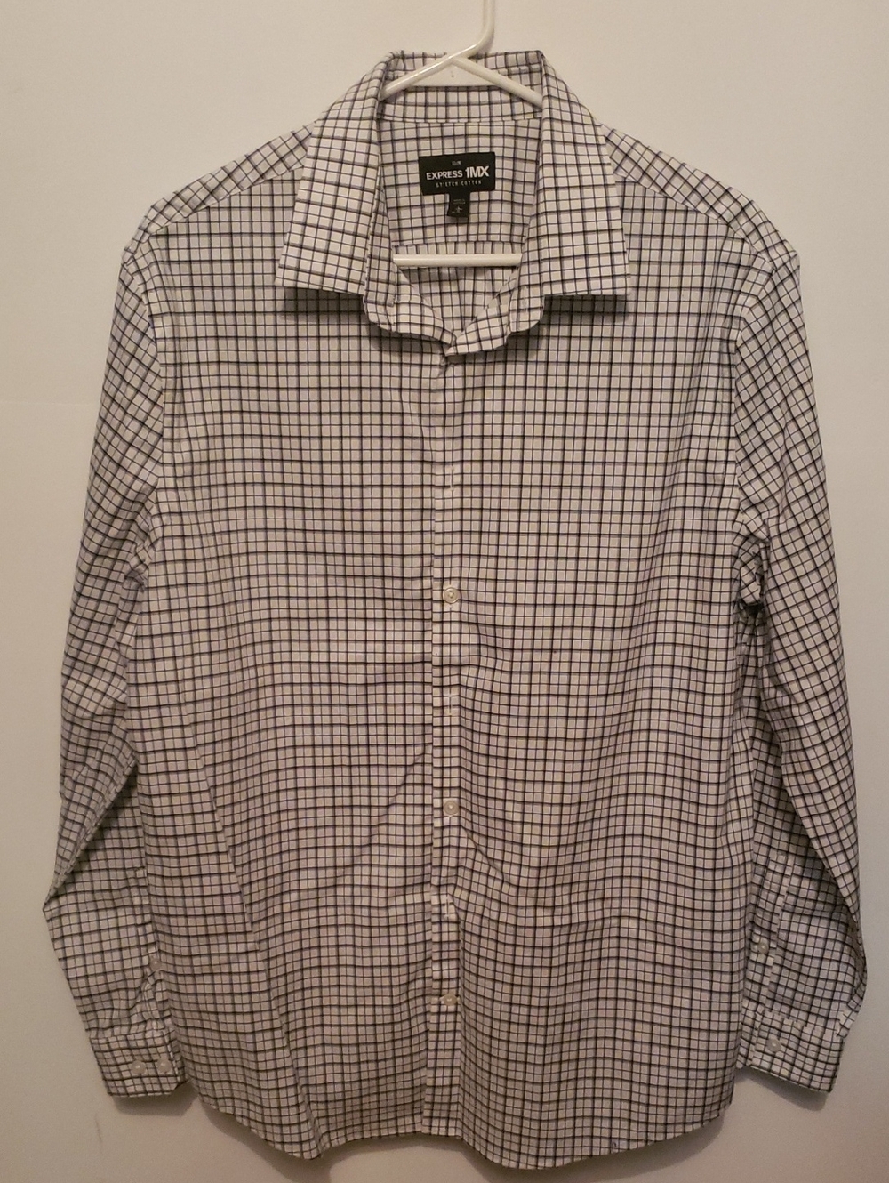 Express Men's White Dress Shirt with Black Windowpane Check